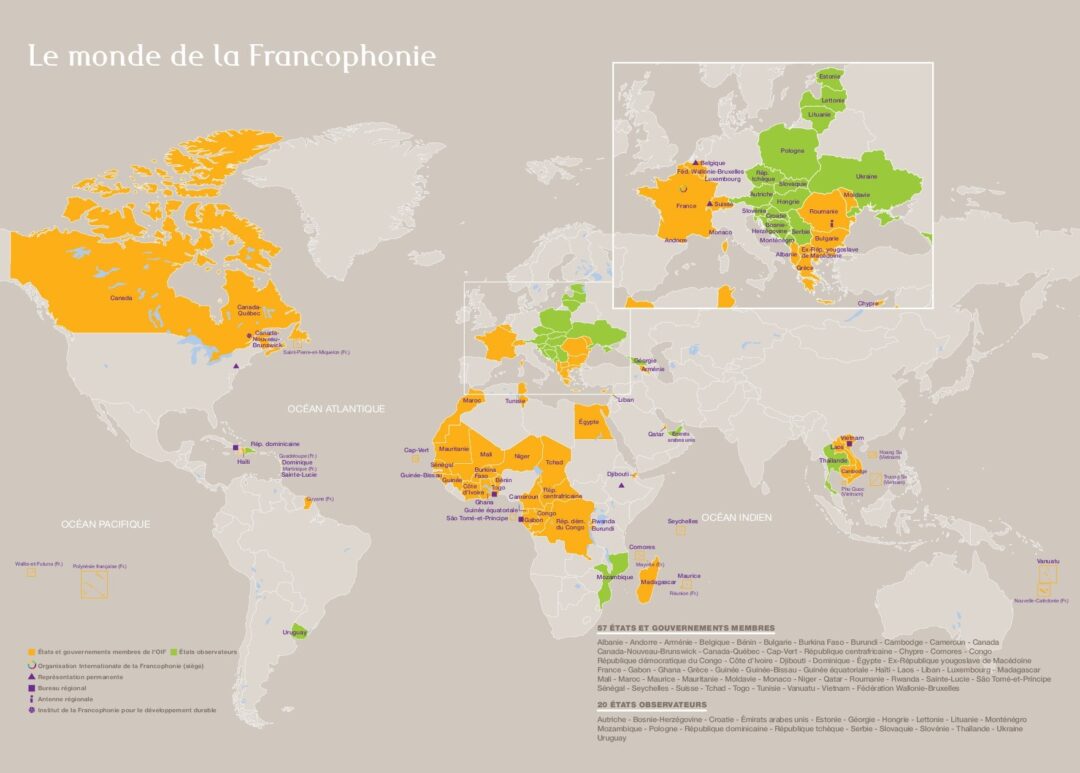 Carte de l'OIF (Organisation Internationale de la Francophonie), avec en vert les Etats observateurs dont la Thaïlande fait partie